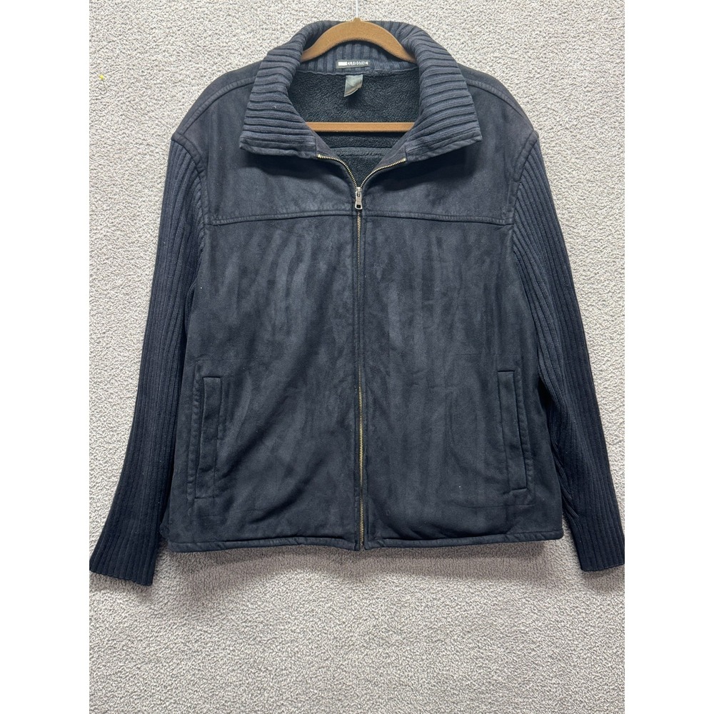 Claiborne Men's Faux Suede Jacket L/XL Sherpa Lined Knit Sleeves Black Zip
